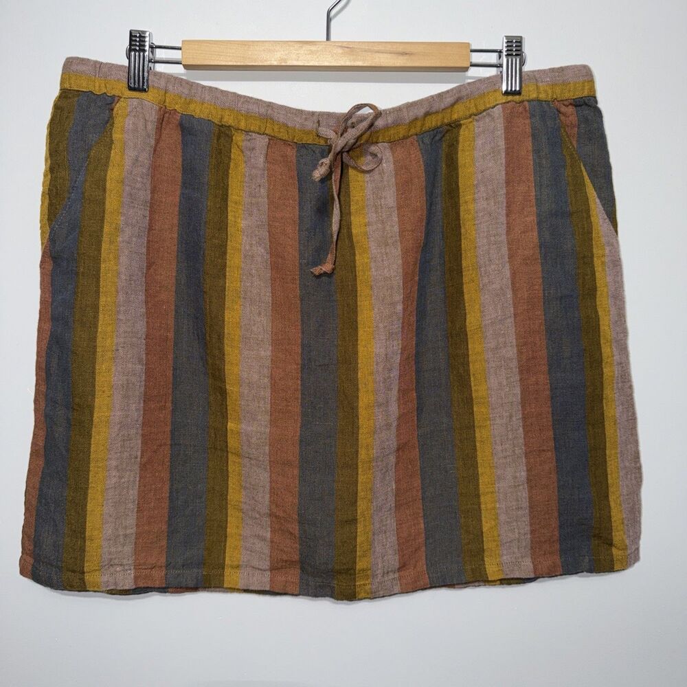 Garnet Hill Women Skirt L Red Orange Striped 100% Linen Drawstring Pencil Mini